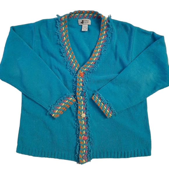 Vtg 1990s J Two New York Torquiose Blue Chenille Cardigan Colorful Accents sz L - Picture 2 of 3